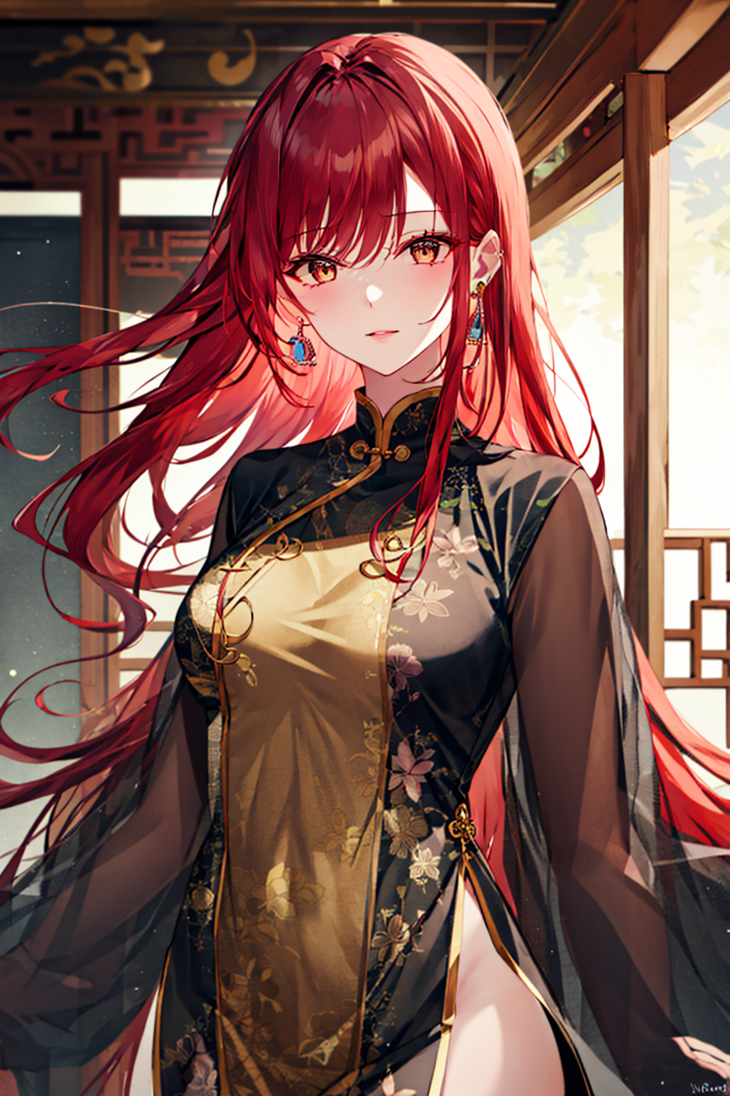 03666-3463637089-1girl, solo, earrings, bangs, looking_at_viewer, jewelry, upper body,  chinese clothes, red hair,  floating hair, long hair, eas.png